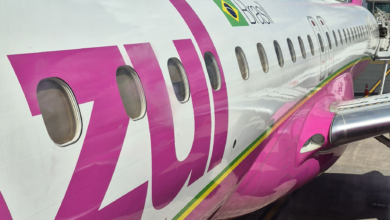 avião rosa Embraer 195 azul